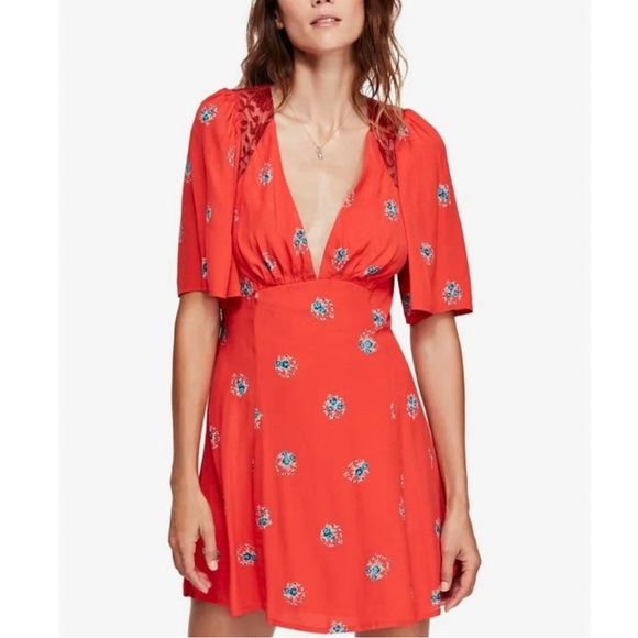 Free People Mockingbird Coral Red Floral Print Backless Mini Dress Size 10 - Picture 1 of 5